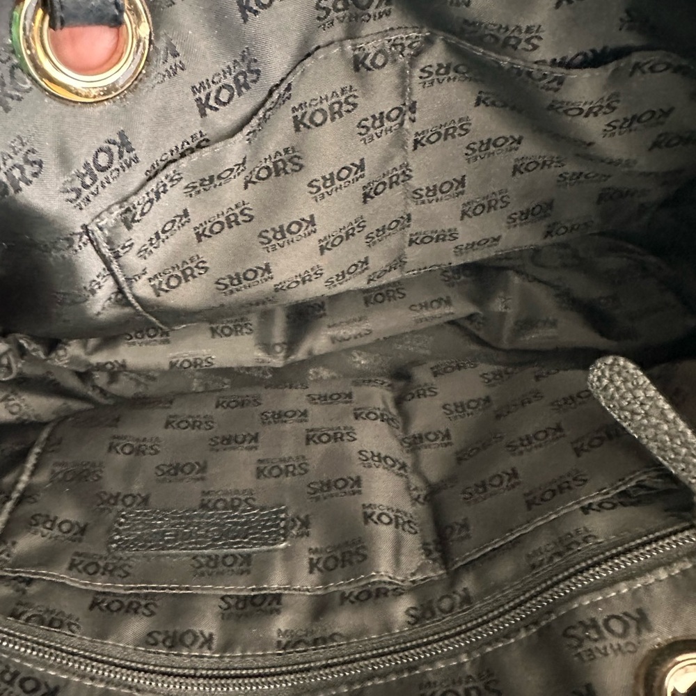 Michael Kors Black Logo Canvas Tote Bag Pebbled Leather Trim Gold - Picture 6 of 9